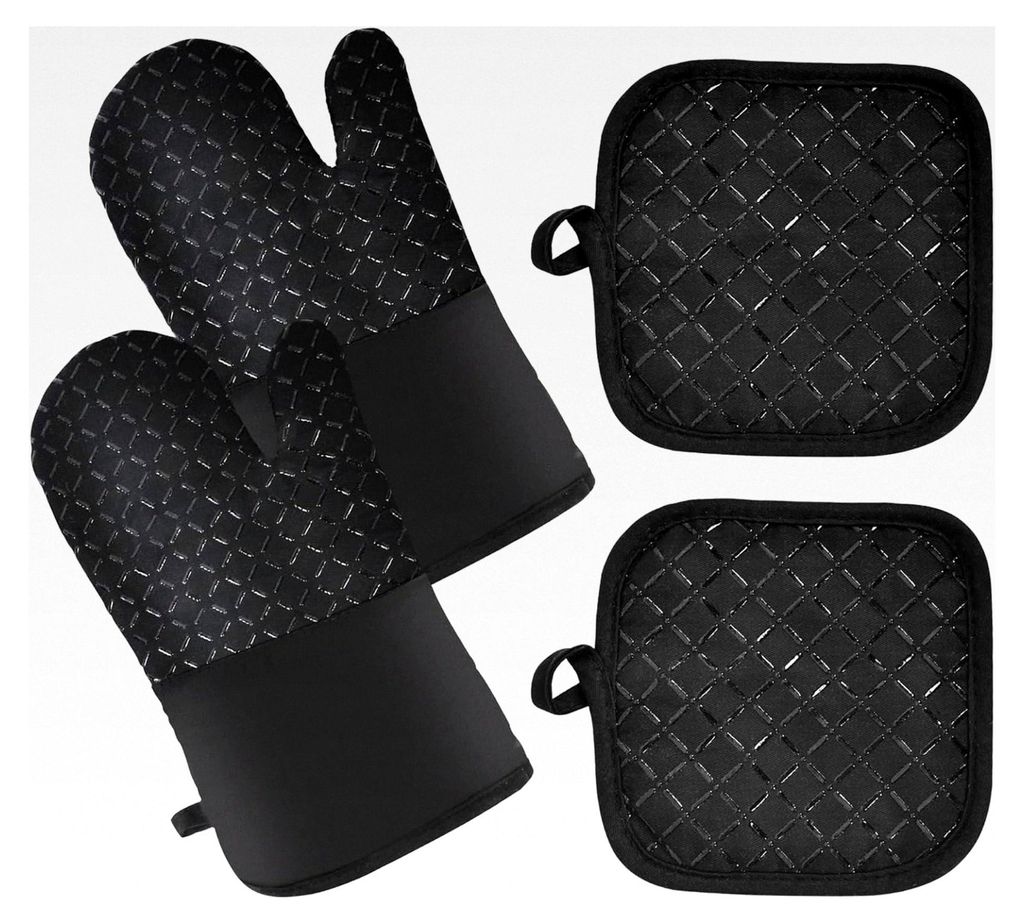 4-teiliges Set Ofenhandschuhe und Topflappen, hitzebeständig für Küche, Backen, BBQ, Auflaufform und Grillen (Schwarz)