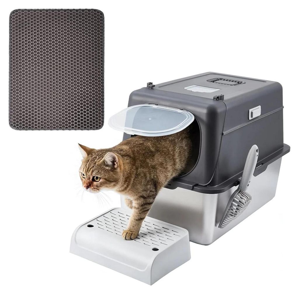 Katzentoilette aus Edelstahl - Geschlossene Katzenklo Box - 15 cm Tiefe - Auslaufsicher - Geruchskontrolle - Für mittelgroße und große Katzen