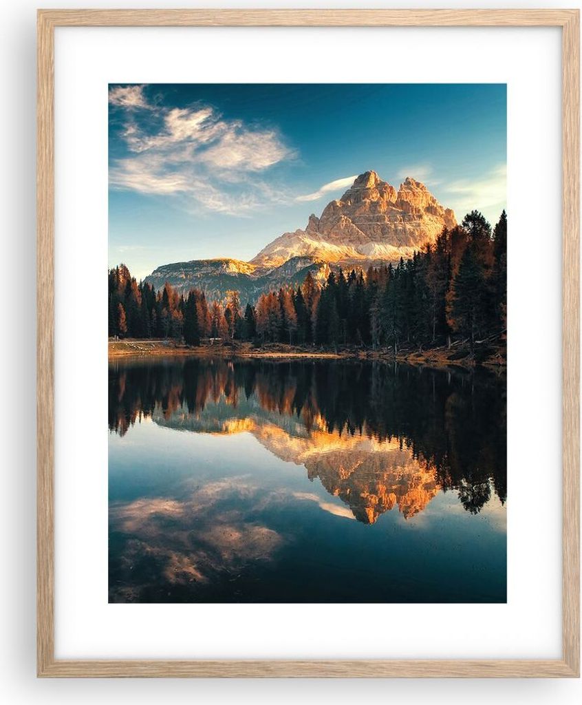 Gerahmtes Poster - Rahmen in heller Eiche - Spiegelung See Landschaft - 40x50 cm - Wand Bild - Wanddeko - Wandbilder - Kunstposter - Wandposter - B...