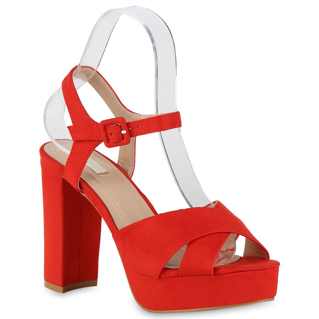 Mytrendshoe Damen Plateau Sandaletten Blockabsatz Party Schuhe High Heels 826159, Farbe: Rot, Größe: 36