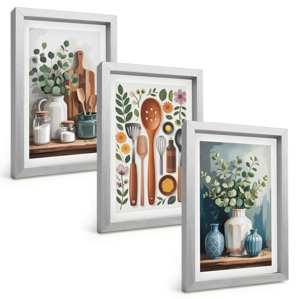 Bilder Set 3-teilig im silbergerahmten Rahmen – Wandbilder 3 Stück – gerahmte Poster für Wohnzimmer, Schlafzimmer und Flur – 20x30 cm – K...