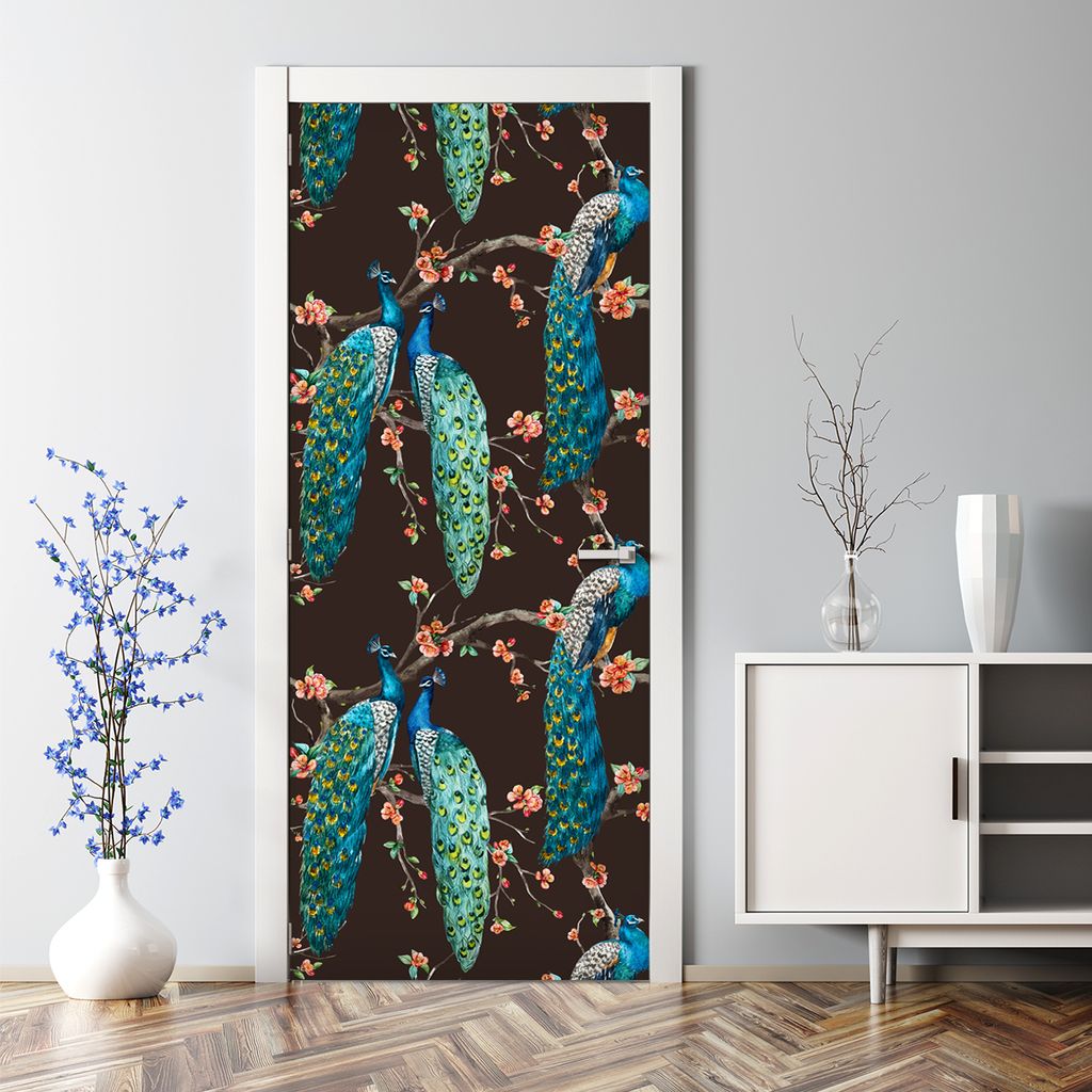 Dekorative 3D Abnehmbarer Wandsticker Türtapete selbstklebend Klebefolie Pfauen und Blumen 77 x 200 cm