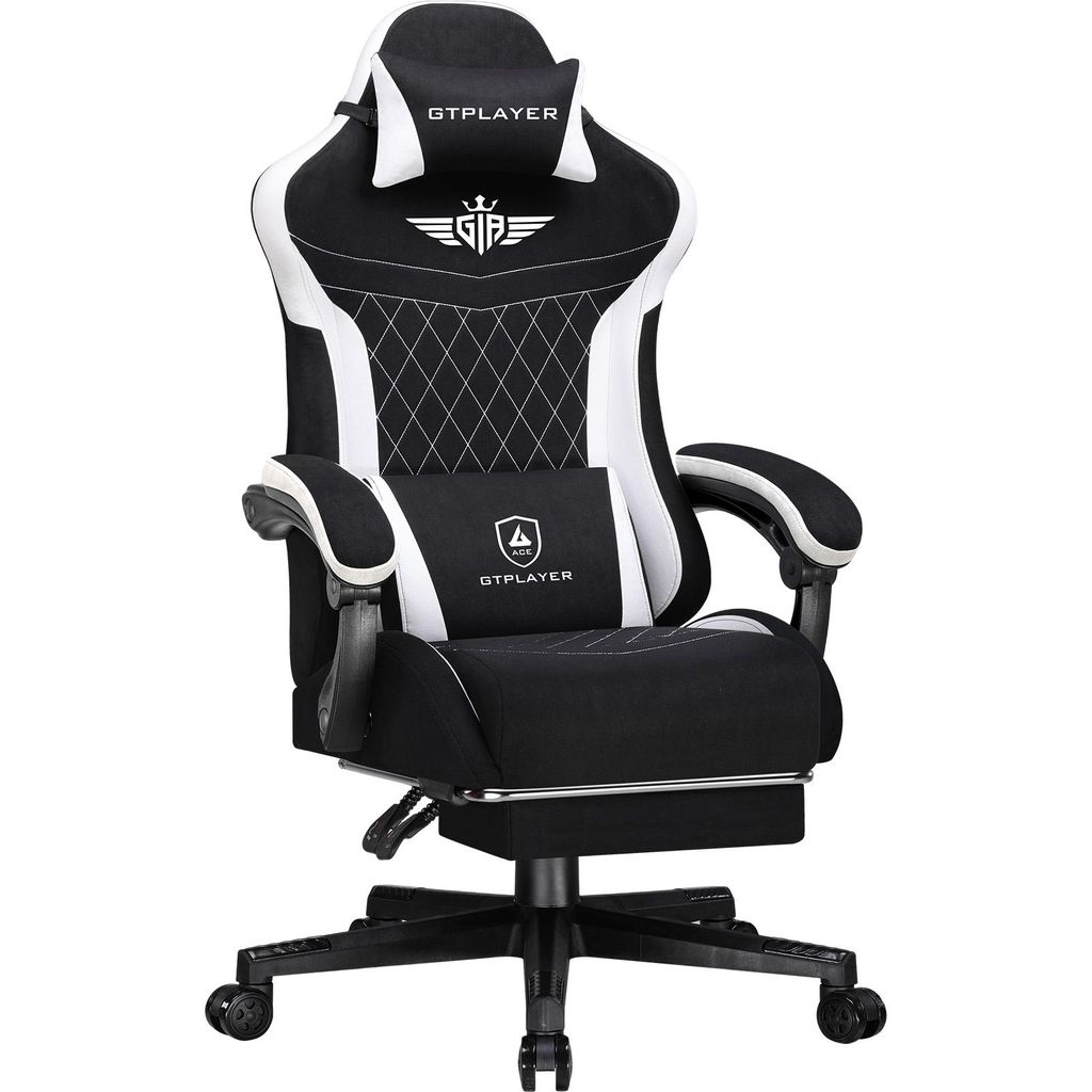 A black and white gaming chair with a headrest and lumbar support.