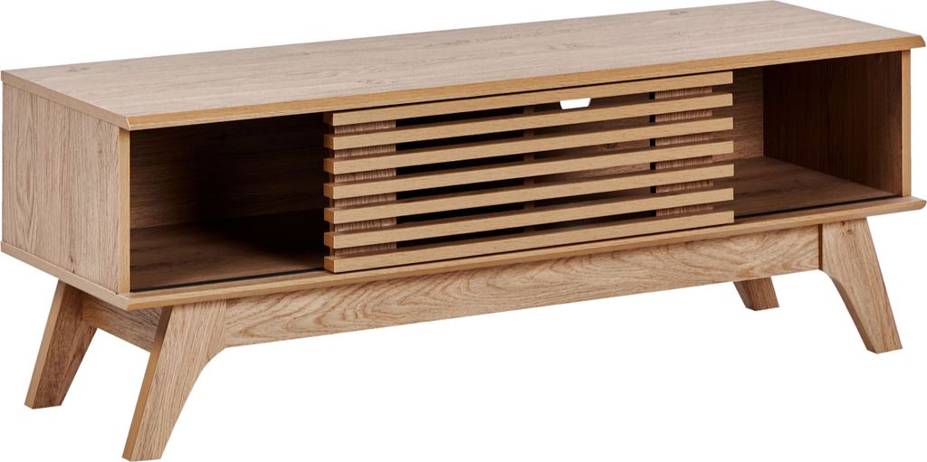 BELIANI Fernsehtisch Braun Holzoptik Eiche 120 cm Breit mit Kabelkanal Schiebetür Lamellen-Optik Niedrig Schmal TV-Möbel TV-Schrank für Wohnzimmer