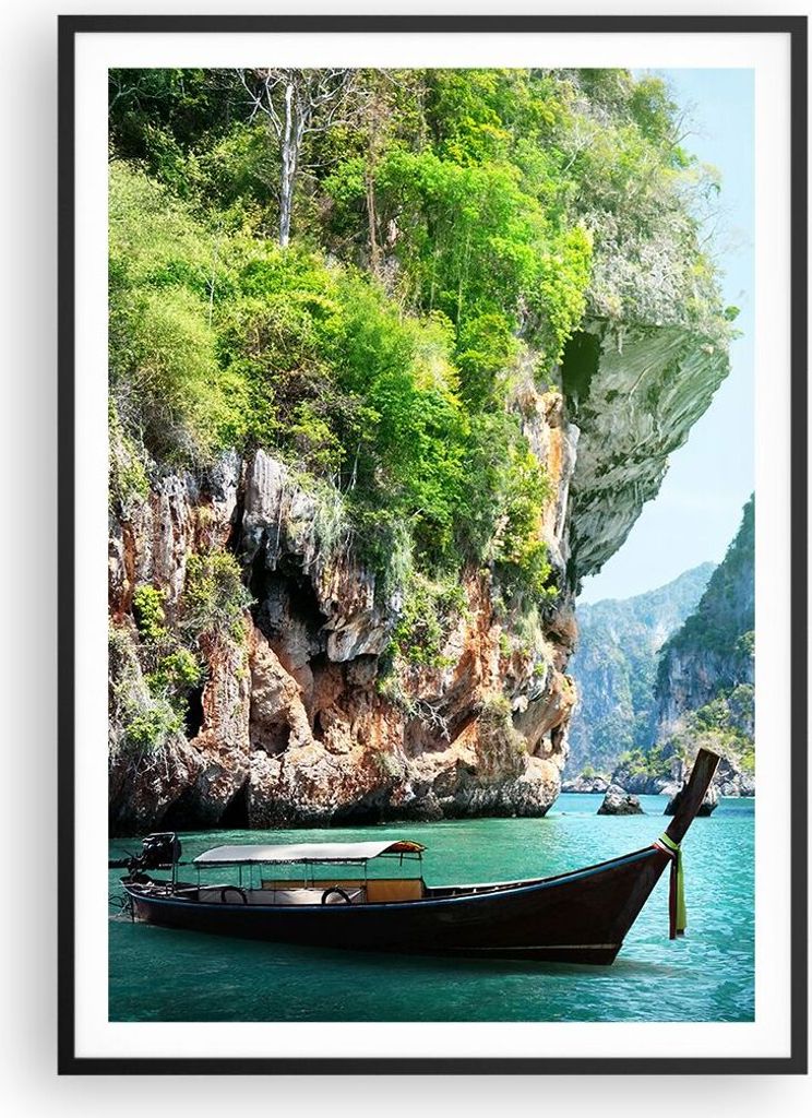 Gerahmtes Poster - Schwarzer Rahmen - Boot Klippen Natur Felsen - 70x100 cm - Wand Bild - Wanddeko - Wandbilder - Wandposter - Bilderrahmen - Bilde...