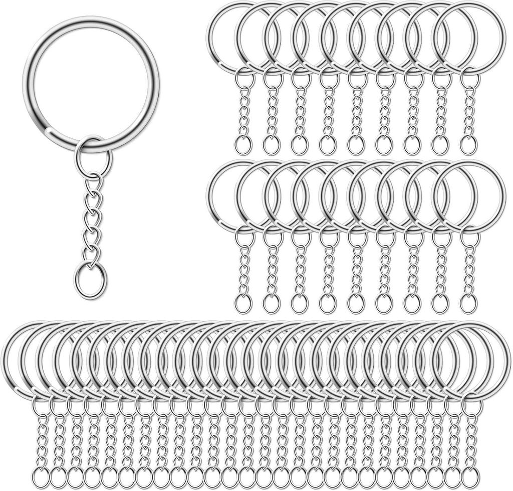 100 Stück 25-mm-Schlüsselringe mit Kette, Schlüsselring mit Spalt, Schlüsselanhänger für Bastelarbeiten und Hobbys – Silber