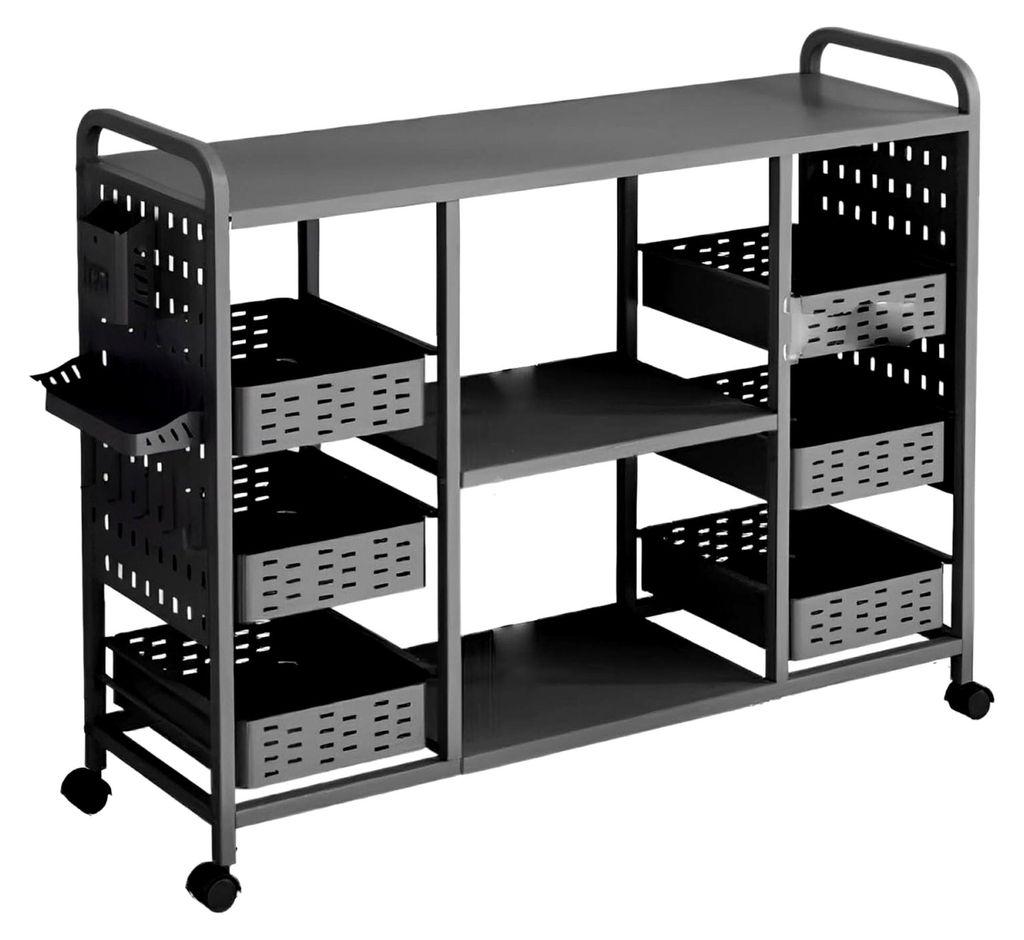Verstellbarer Küchenwagen mit ausziehbarem Netzkorb und Ablagen für Mikrowelle und Aufbewahrung in Küche oder Wohnzimmer