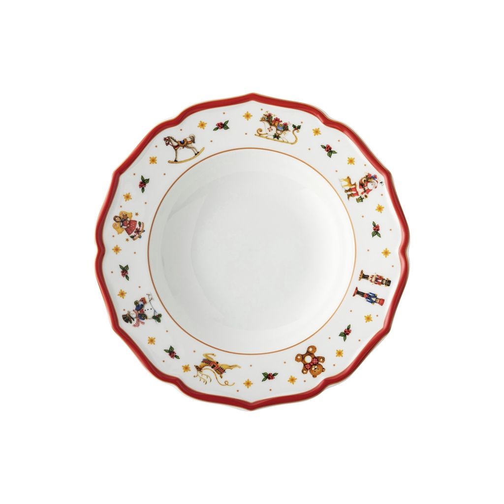 A deep plate with a festive Christmas-themed rim.