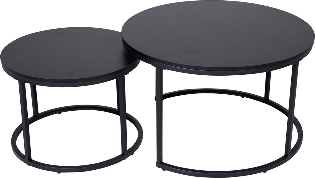 Couchtisch 2er Set aus Holz Wohnzimmertisch Modern in Beistelltisch Set 2 in 1 mit Metallgestell für Wohnzimmer, rund, schwarz