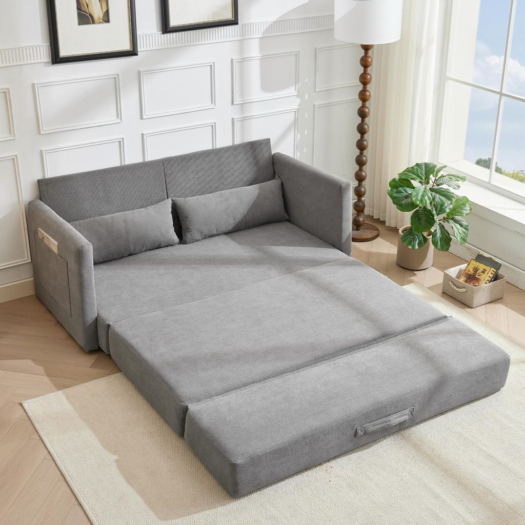 LVHOM Schlafsofa Ausziehbar 2-Sitzer Cord, Bettsofa mit Schlaffunktion & Seitentaschen, Gästebett Klappsofa inkl. 2 Kissen, 165 x 92 x 82 cm, Grau