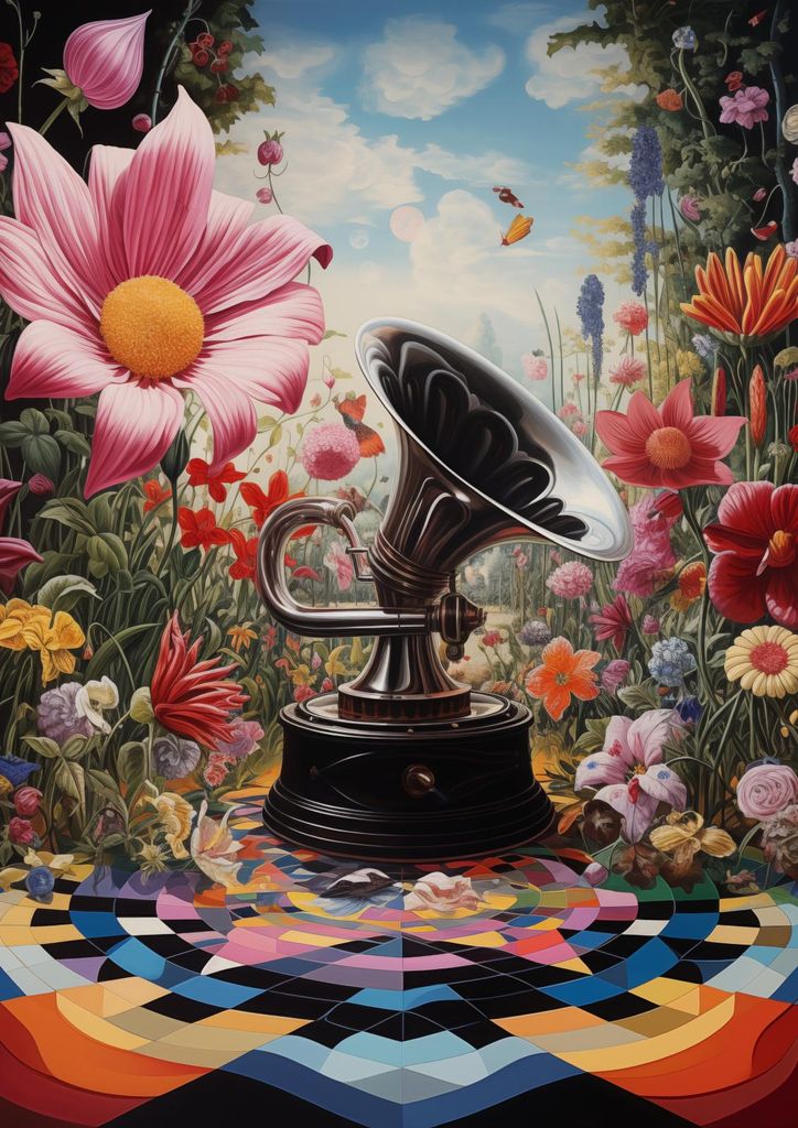 Plakat 29,7x42cm Plattenspieler in Blumen