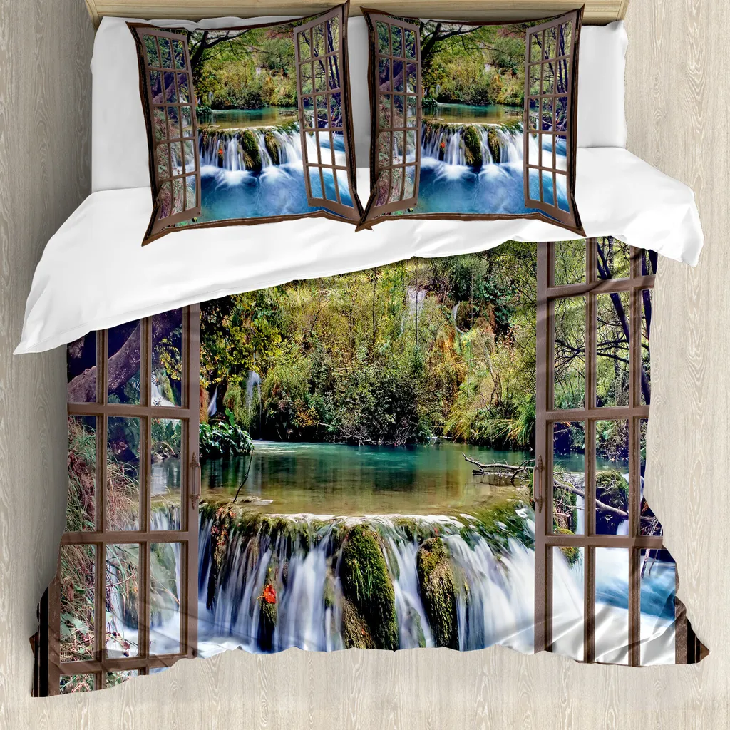 ABAKUHAUS Copripiumino Wasserfall, Deep Down in the Forest, antiacaro, adatto a chi soffre di allergie, con federe, 155 cm x 220 cm - 80 x 80 cm, multicolore