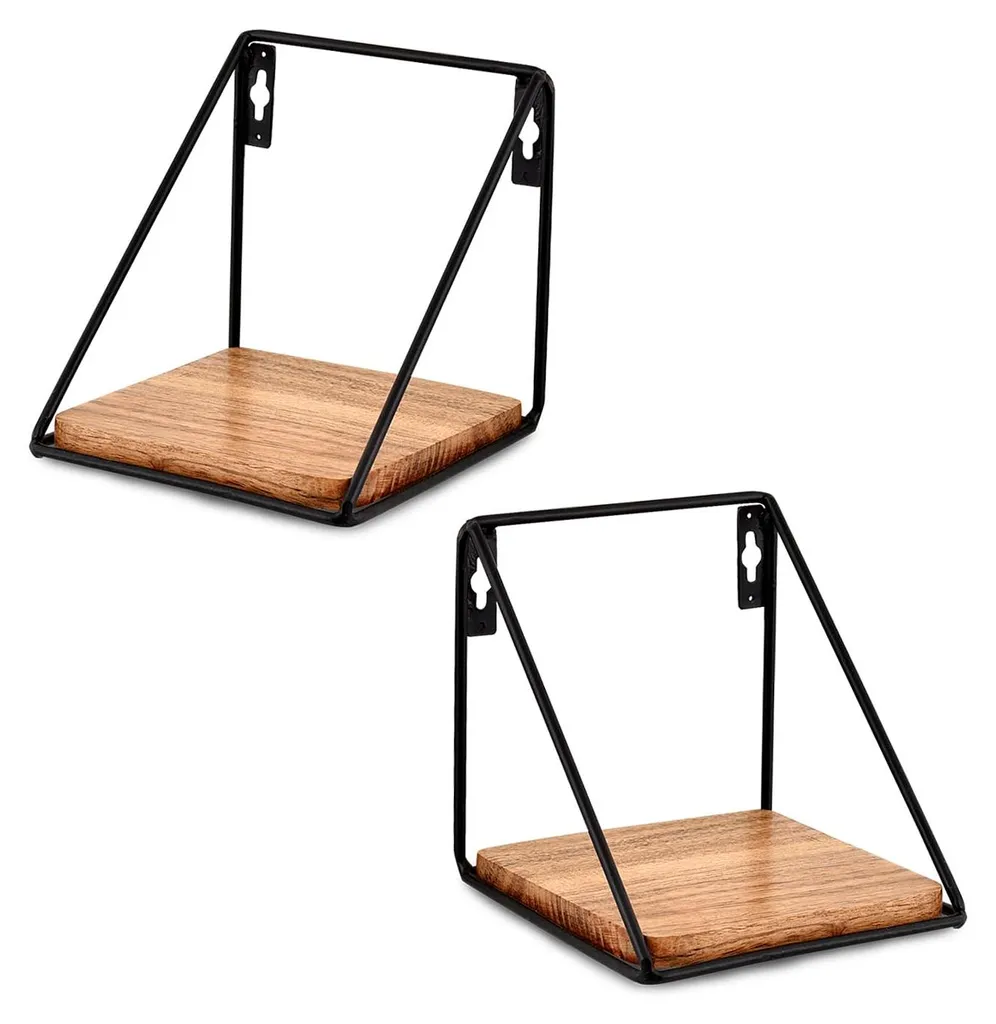 Lot de 2 étagères murales en bois d'acacia et fer forgé noir 13x13cm