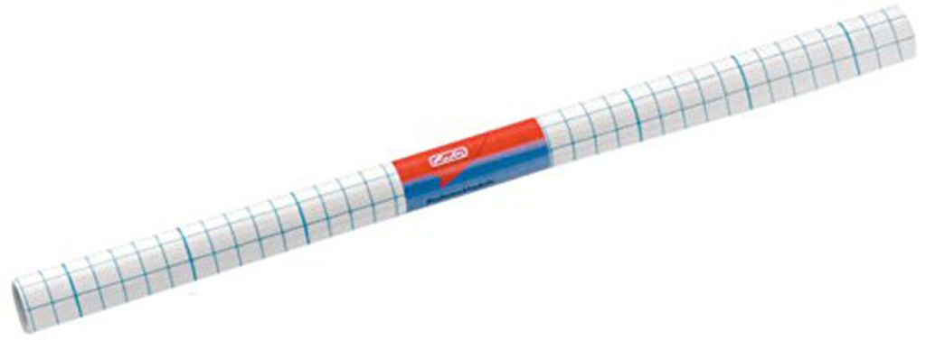 A roll of transparent, self-adhesive book protection film with a grid pattern, featuring a red and blue label in the center.