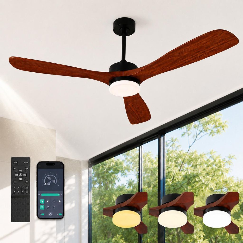 Ø106cm Echtholz Deckenventilator mit Beleuchtung 3 Flügel Produktbild 