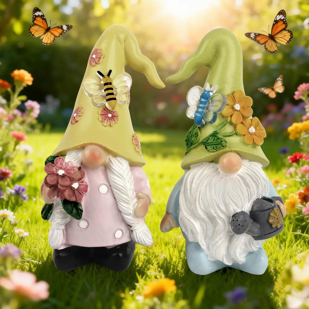 Figurines de lutins printaniers avec fleurs et bouteille, lot de 2 pcs