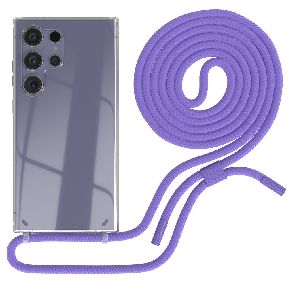 EAZY CASE Handykette für Samsung Galaxy S24 Ultra, Clear Case aus Silikon, mit Umhängeband, abnehmbare Endstücke, Handyband in Violett