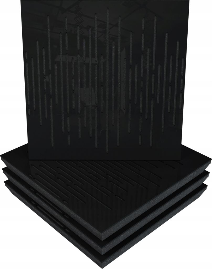 4 Stück AKUSTIK-WANDPANEELE mit Montageset | "WAVE" 50x50x5cm | Absorption und Diffusion | Farbe: Schwarz glänzender Kunststoff