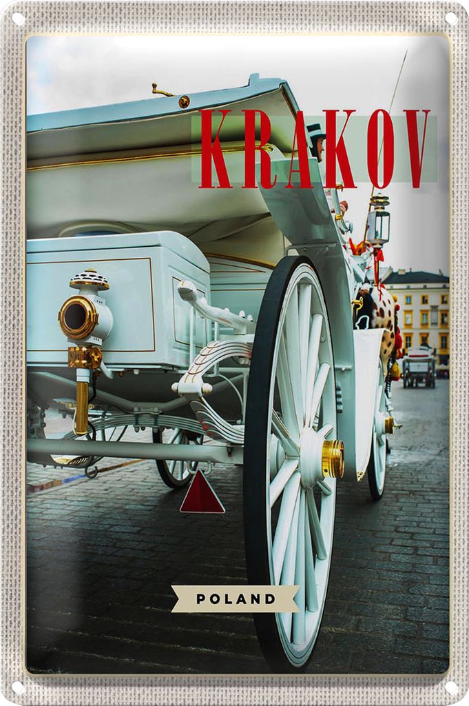 Blechschild Reise 20x30cm Krakow Polen weiße Pferdekutsche