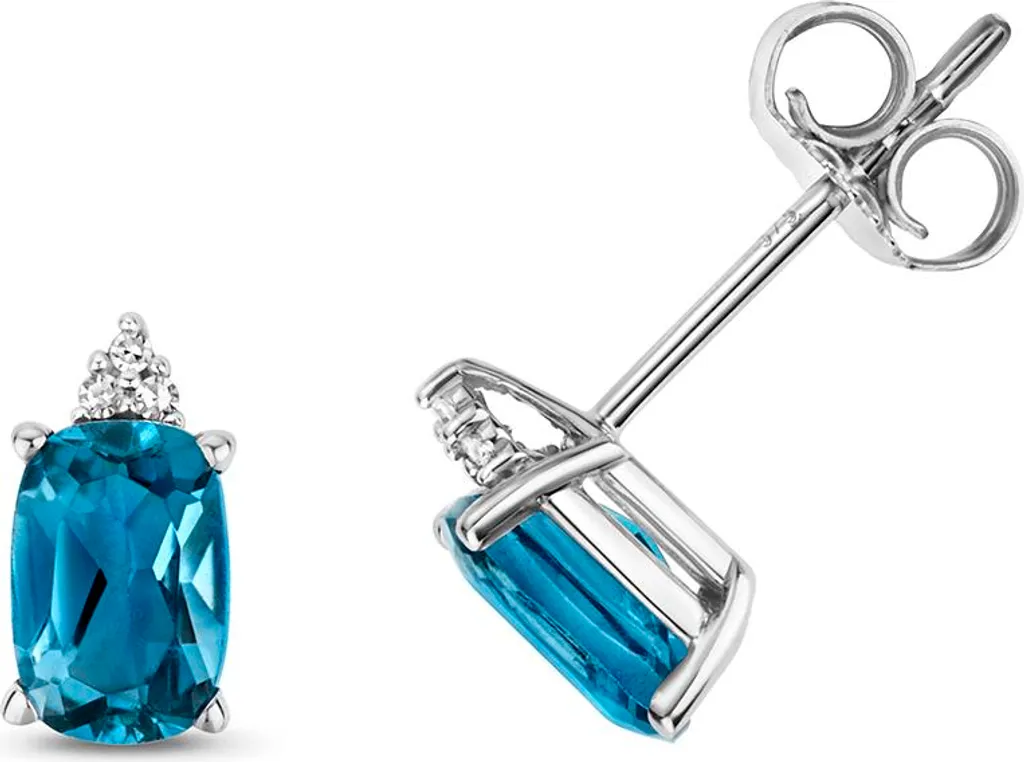 Boucles Or Blanc Diamant Brillant et Topaze Bleue de Londres Format 7x4mm