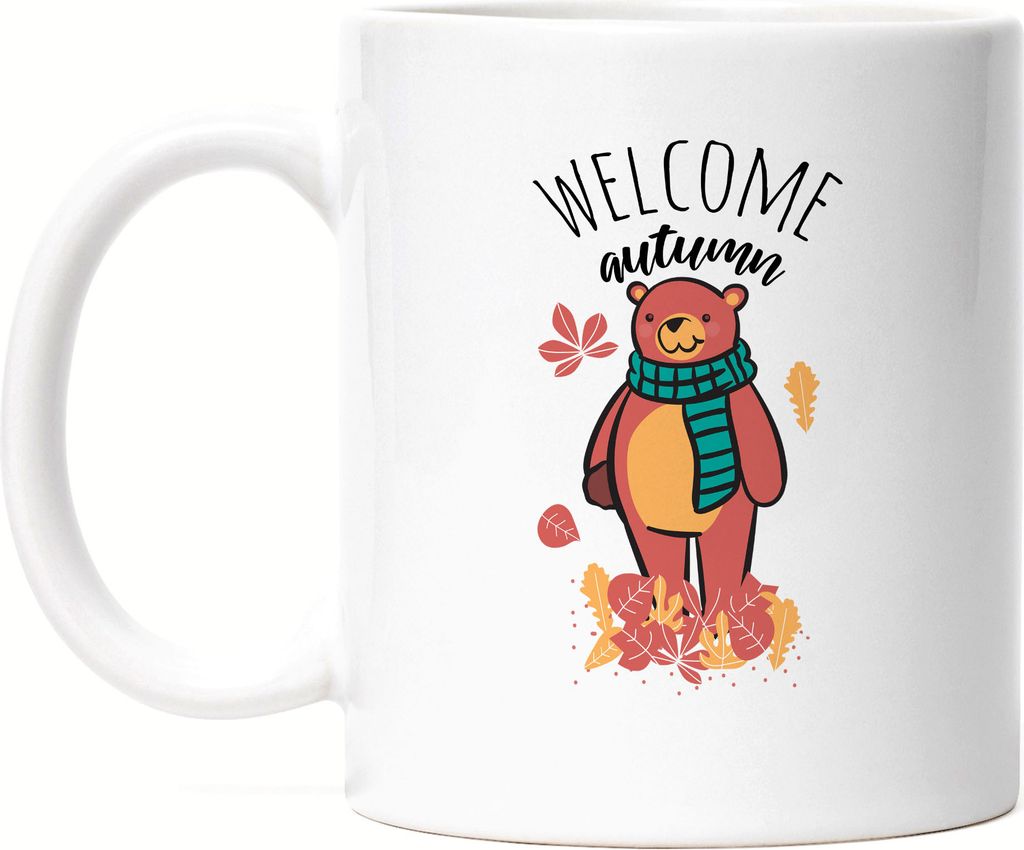 Welcome Autumn Tasse Weiß Süßer Bär Laubblätter Ahornblatt Herbstbeginn Herbstzeit Autumn Kalte Jahreszeit