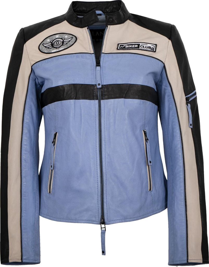 Jilani - Damen Lederjacke Bikerjacke Lammnappa schwarz-blau : 42