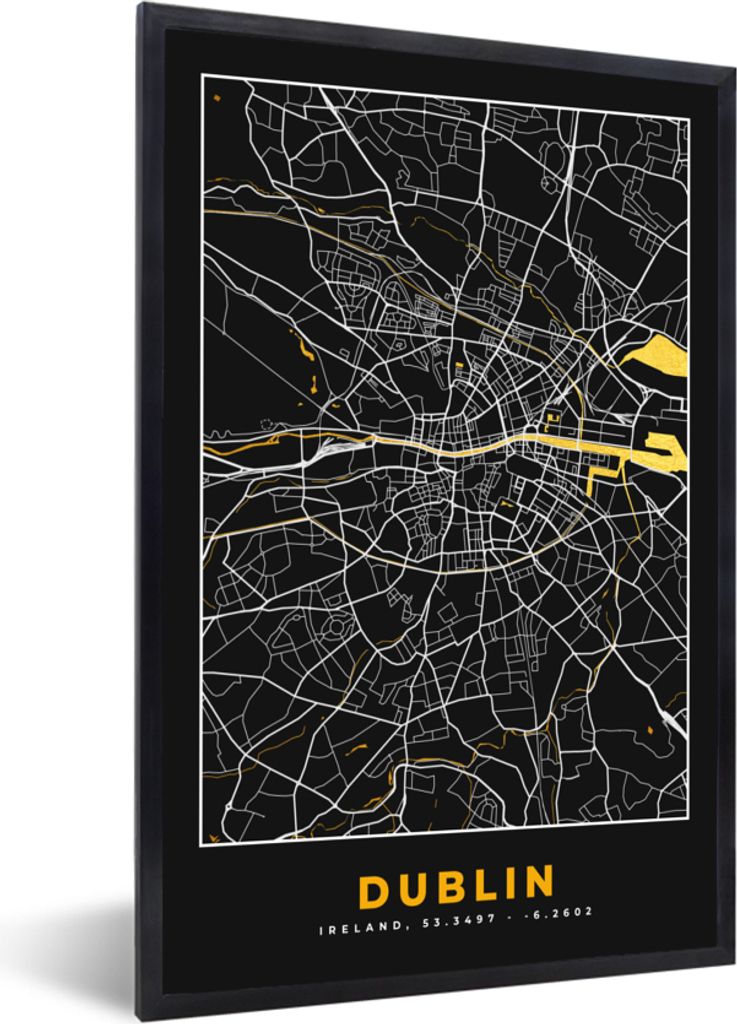 MuchoWow Gerahmtes Poster Dublin - Gold - Karte - Stadtplan 60x90 cm - Poster mit Schwarzem Bilderrahmen Wandposter Rahmen Foto Bilder - Kunst