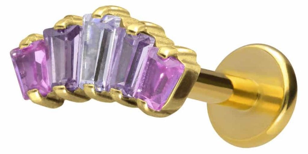 Ohrpiercing, Nasenpiercing Titan Labret mit Innengewinde 5 EINGEFASSTE KRISTALLRECHTECKE Gold Stablänge: 7mm | Stabstärke: 1,2mm