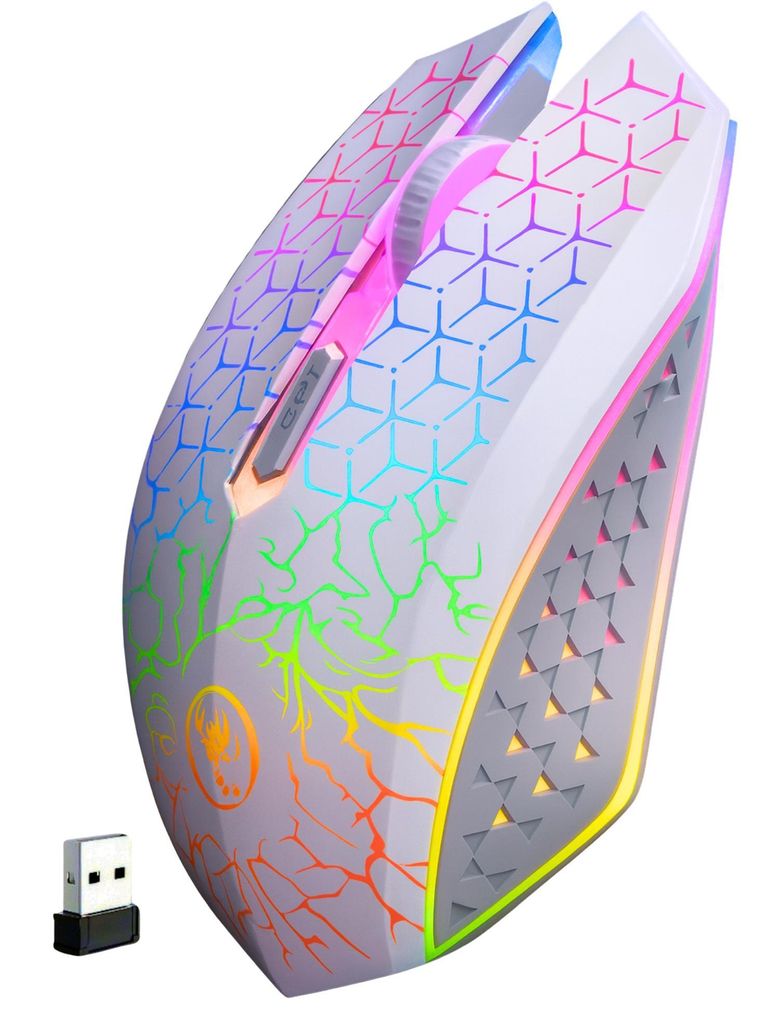 A white wireless gaming mouse with RGB lighting and a USB receiver.