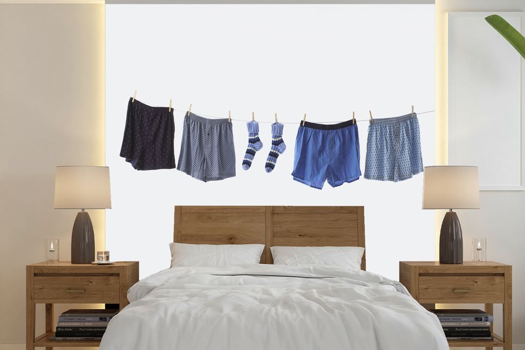 MuchoWow Fototapete für Wohnzimmer oder Schlafzimmer Wandtapete Vinyl Motivtapete Boxershorts und Socken auf der Wäscheleine - 350x350 cm - Sch...