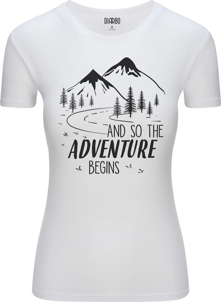 Diarbo Damen T-Shirt mit Naturliebhaber Druck Das Abenteuer Beginnt Weiß Gr.S