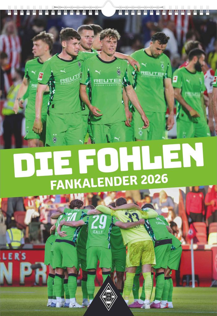 A group of soccer players in green jerseys are huddled together, with a calendar title overlaid on the image.
