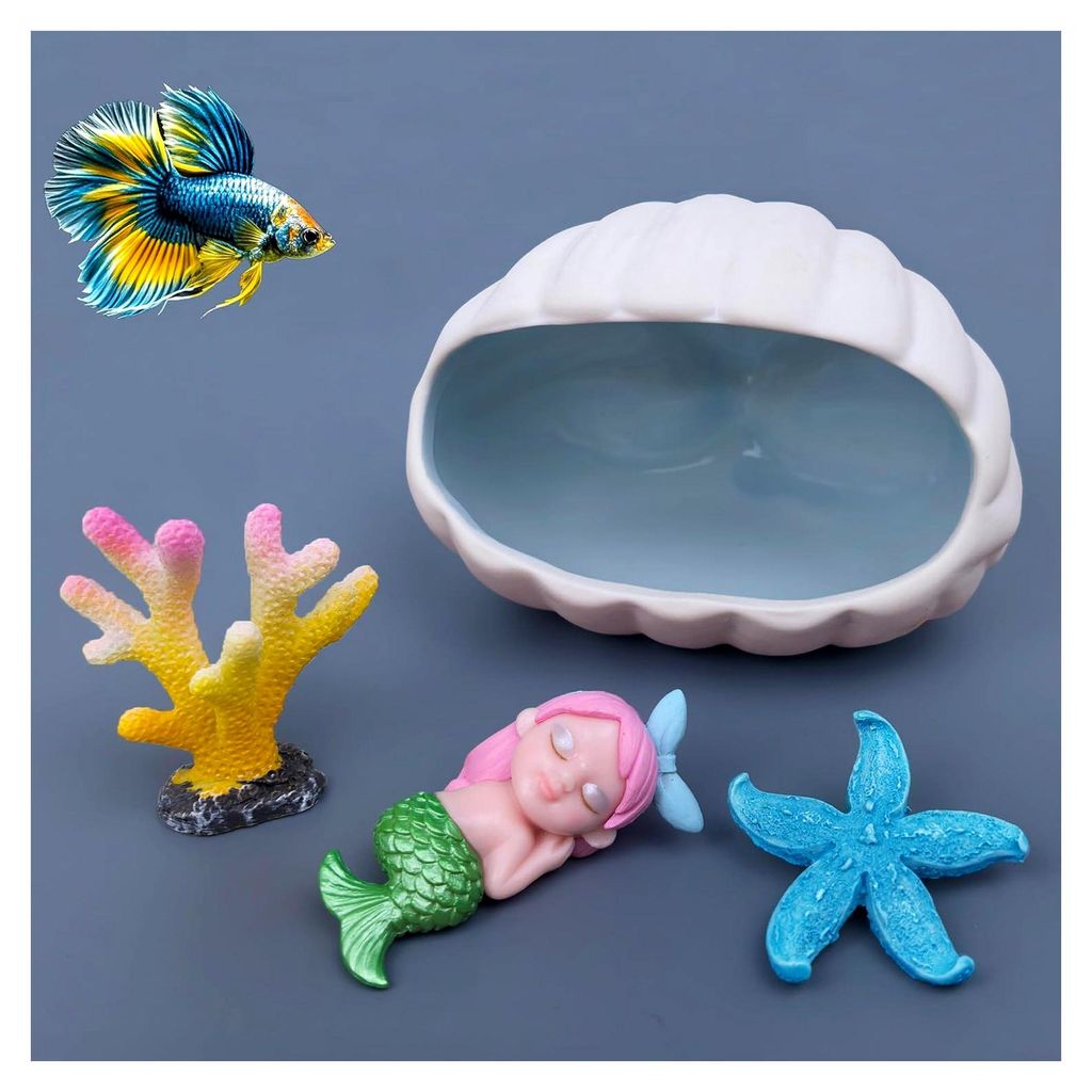 Aquarium-Dekoration, Versteckhöhle, 4 Teile, Muschelförmiges Versteckhaus, Meerjungfrau, künstliche Koralle, Seestern für Betta-Fische, Buntbar...