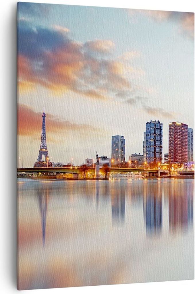 Bild auf Leinwand - Leinwandbild - Einteilig - Fluss Wolkenkratzer Ansicht Eiffle - 70x100cm - Wand Bild - Wandbilder - Leinwanddruck - Wanddekorat...