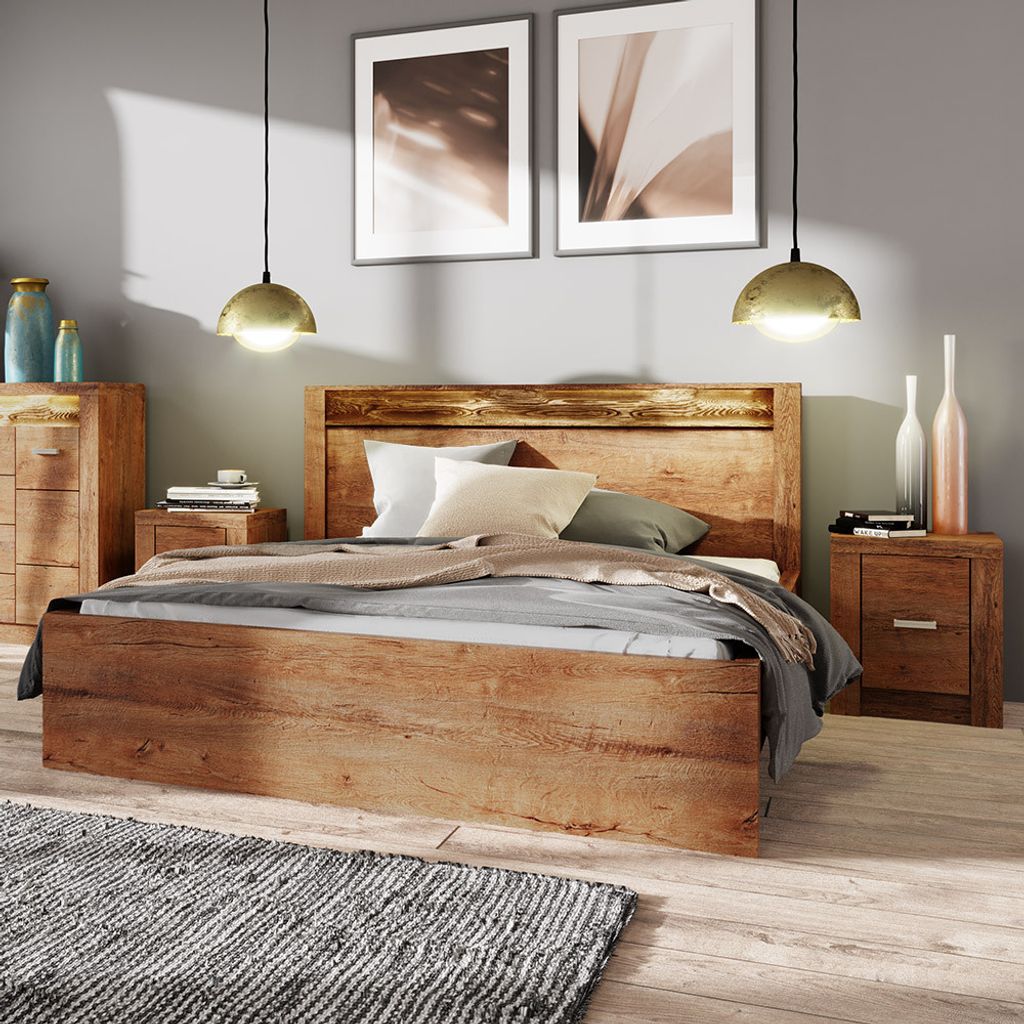 Schlafzimmer Set 3-teilig, Bett 160x200 cm mit 2 Nachttischen modern in Esche hell inkl. LED Beleuchtung INGENIO-161