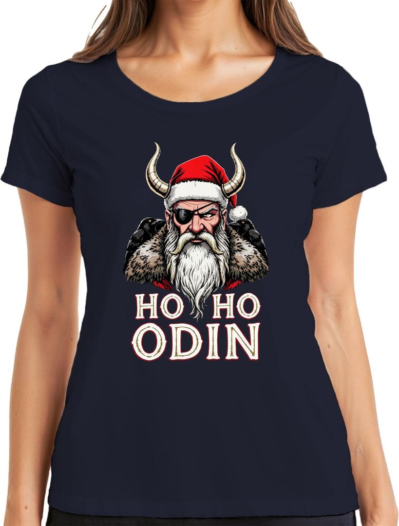 Ho Ho Odin Wikinger mit Hörnern Raben Augenklappe Geschenk Damen T-Shirt, Navy, XXL