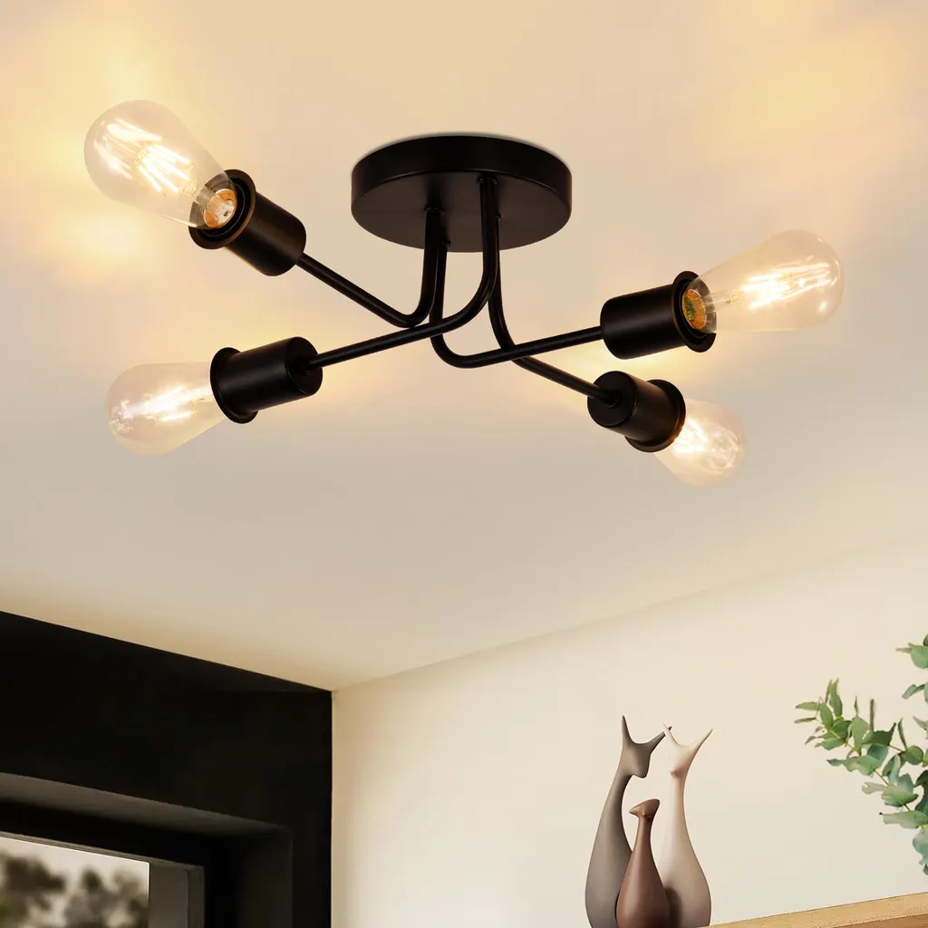 ZMH Lampada da Soffitto Vintage 4 Luci E27 Nera | Illuminazione Industriale