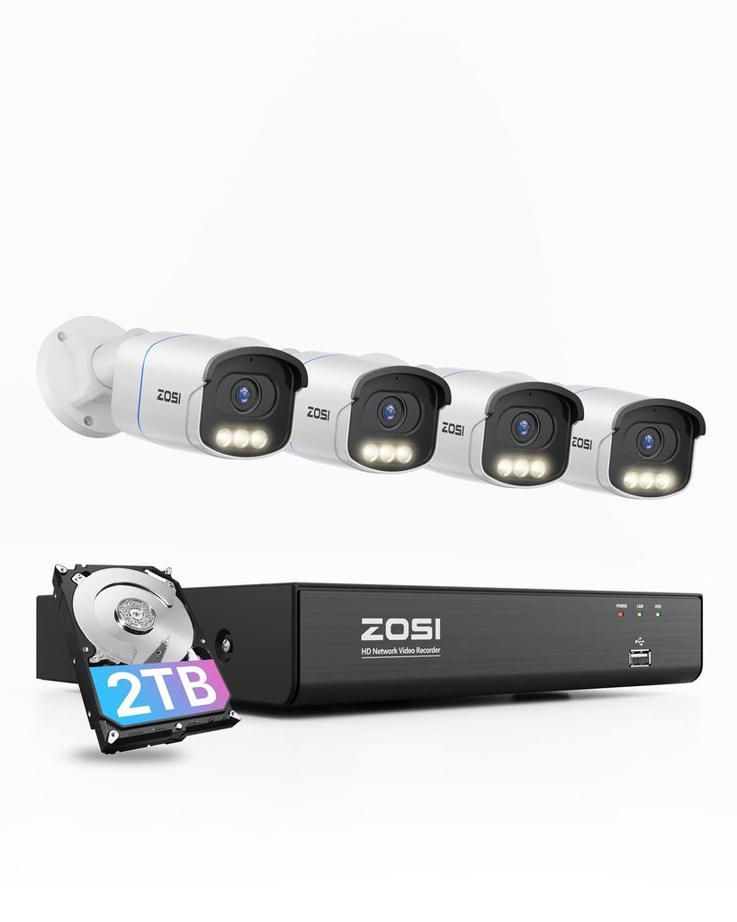 ZOSI PoE Überwachungskamera Set Aussen, 8CH 4K 2TB NVR, 4X 5MP Outdoor IP Kameras, Personen-/Fahrzeugerkennung, Vollfarbnachtsicht, AuroraLux C186A