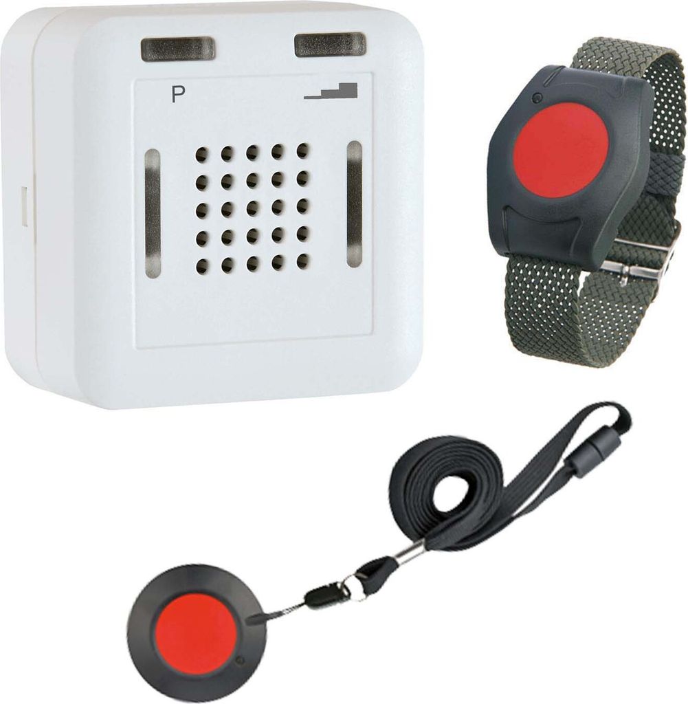 A white emergency call system base unit and two wearable emergency call buttons are displayed against a white background.