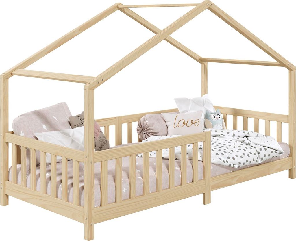 Hausbett LISAN aus massiver Kiefer in natur, schönes Montessori Bett in 90 x 200 cm, stabiles Kinderbett mit Rausfallschutz und Dach