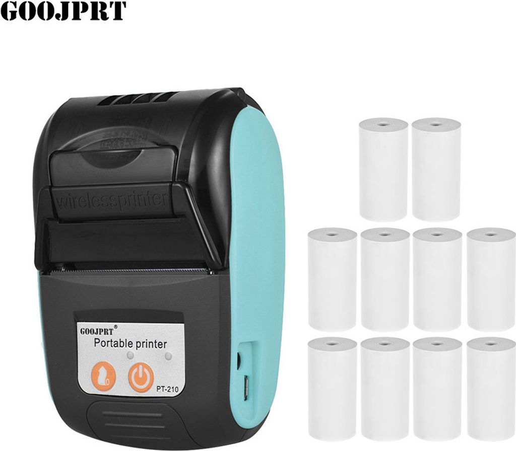 GOOJPRT PT-210 Tragbarer 58-mm-Thermodruck Etikettendrucker Etikettendrucker Belegdrucker über Bluetooth-Verbindung Mit 10Rollen-Thermopapier, Blau