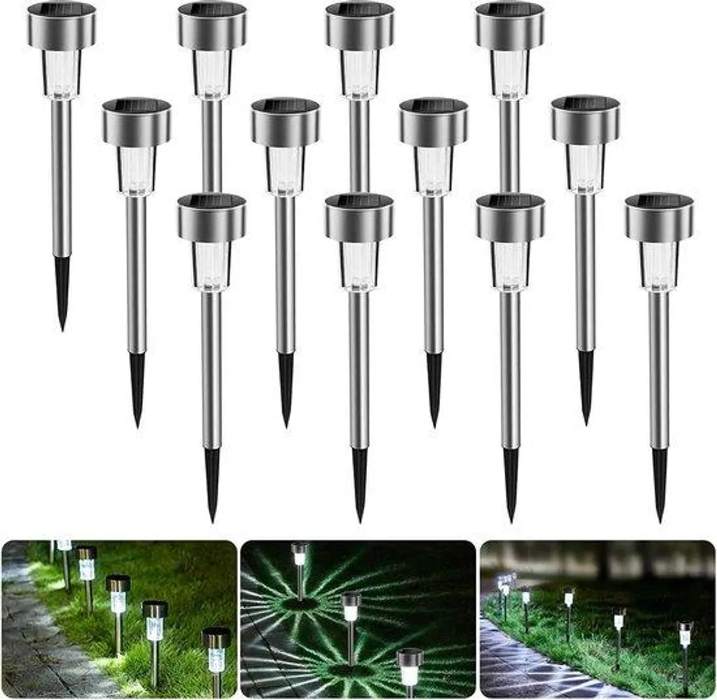 Lampes Solaires LED pour Allée de Jardin - Pack de 12 Bornes Inox Blanc
