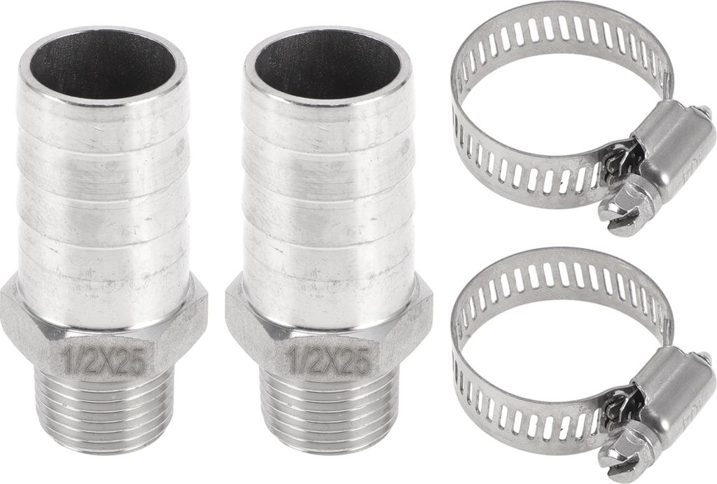 Schlauchstutzen mit 2 Schellen, männliches Gewinde, Druckverschraubung für Luft, Wasser, Öl, Gas, Kraftstoff, Edelstahl 63/64" OD 1/2" BSPT 1 Se...