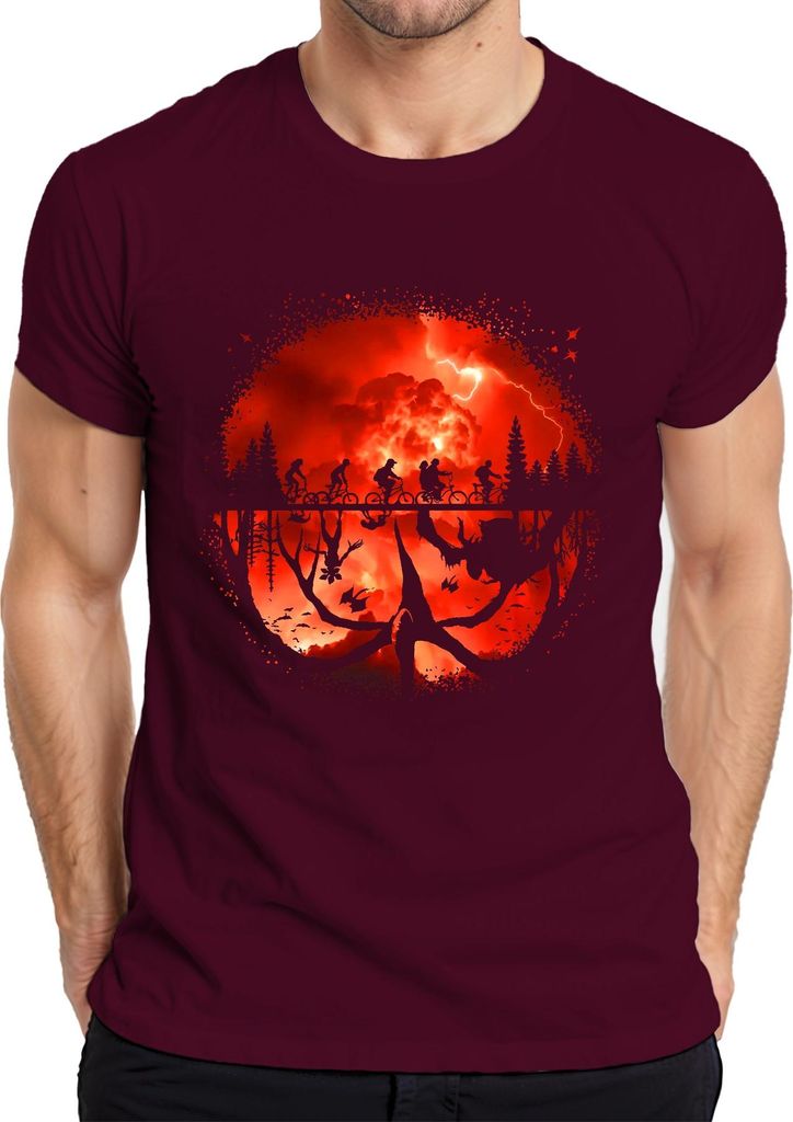 Upside Down Kinder auf Fahrrädern Monster Horror 80er Retro Herren T-Shirt, Burgundy, M