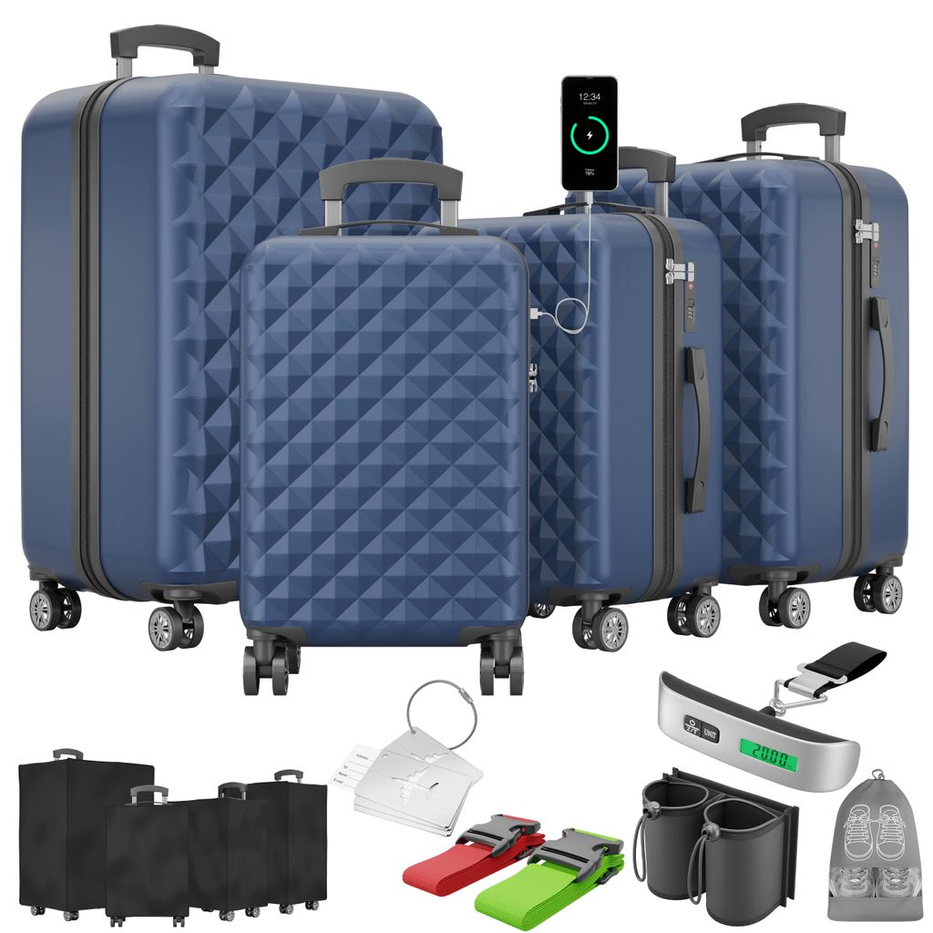 A collage of luggage and travel accessories, including several blue suitcases, black luggage covers, a luggage scale, and travel straps.