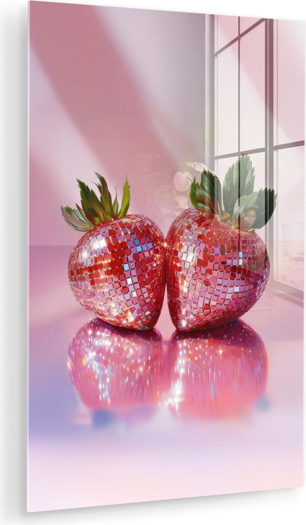 MuchoWow Glasbilder - Bilder auf Wandbild - Foto auf Glas Disco - Obst - Glitzer - Erdbeere 60x90 cm Wanddekoration aus Glas - Acrylglasbild - Acry...
