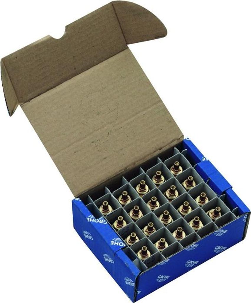 A box of plumbing parts, likely valves or fittings, arranged in compartments.