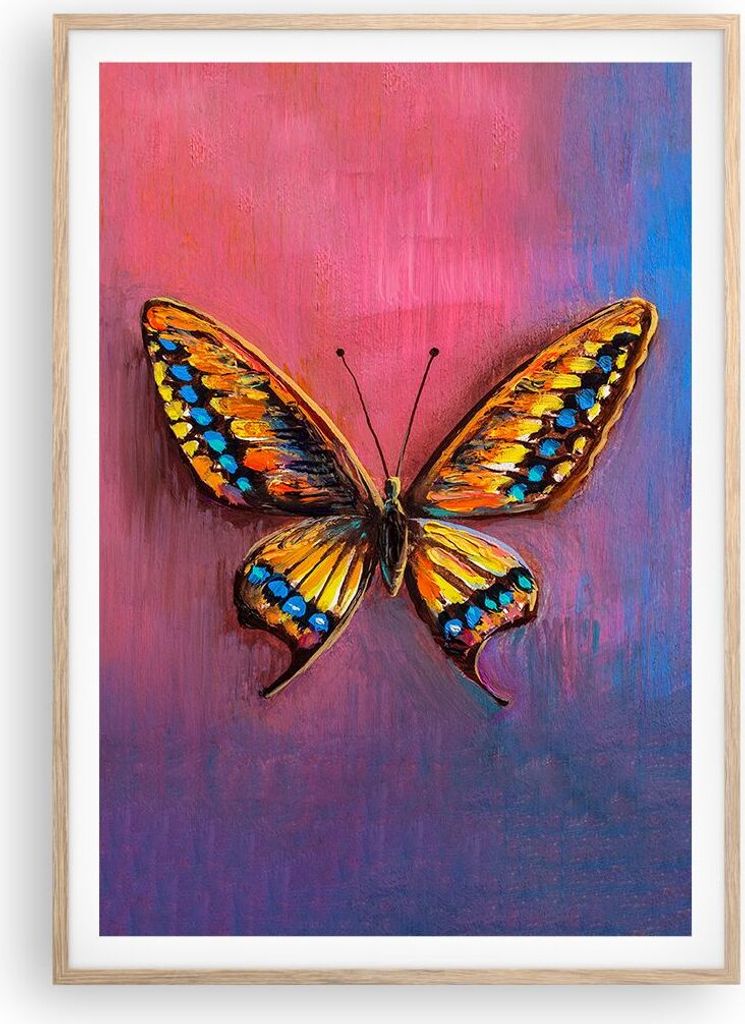 Gerahmtes Poster - Rahmen in heller Eiche - Schmetterling bunt gemalt - 70x100 cm - Wand Bild - Wanddeko - Wandbilder - Kunstposter - Wandposter - ...