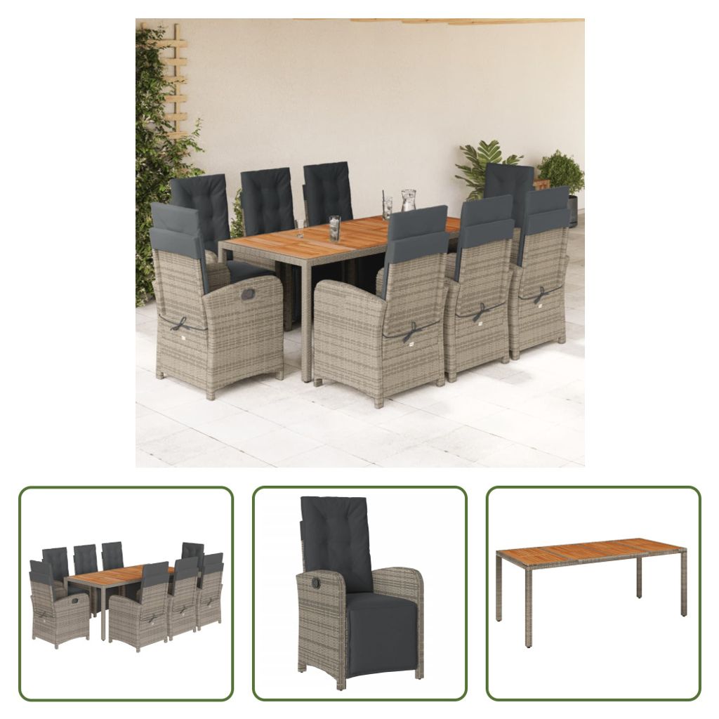 The Living Store 9-tlg. Garten-Essgruppe mit Kissen Grau Poly Rattan