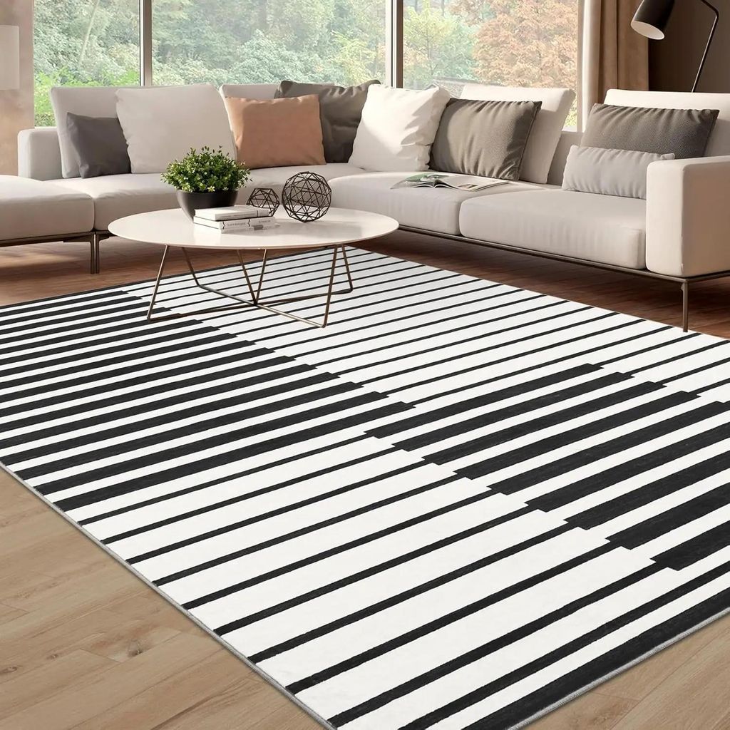 Wohnzimmerteppich - Kurzflor - Gestreift - 100% Polyester - Rutschfest - Waschbar - 160x230 cm - Hellgrau
